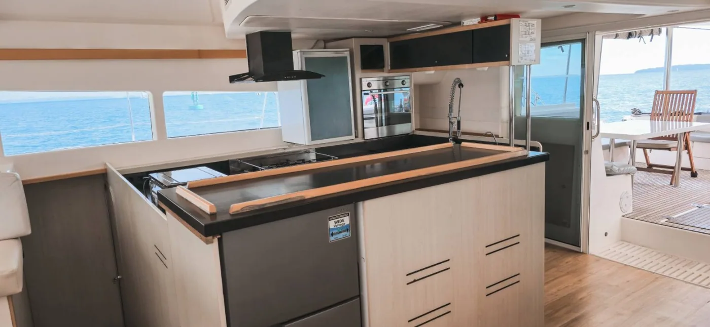 Galley and preparation area aboard the Catalante.