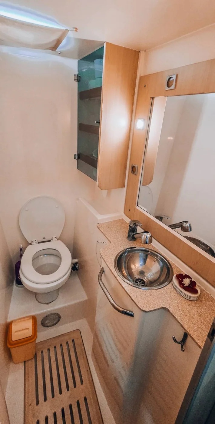 Bathroom interior aboard the Catalante.