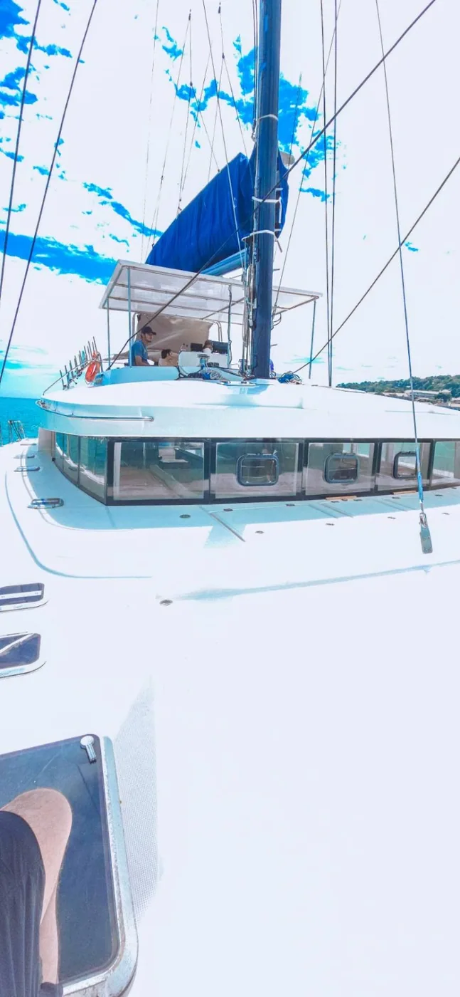 View forward across the Catalante deck and rigging.